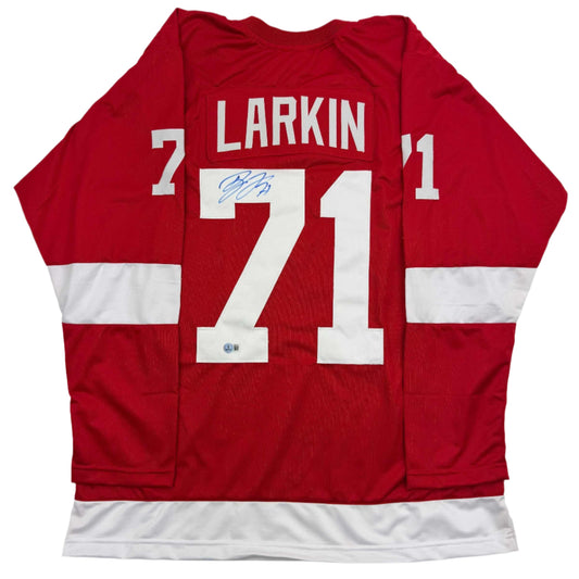 Autographed/Signed Dylan Larkin Detroit Red Hockey Jersey Beckett BAS COA