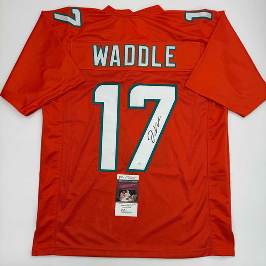 Autographed/Signed Jaylen Waddle Miami Orange Football Jersey JSA COA