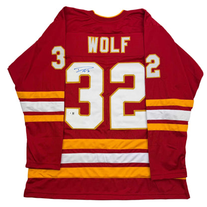 Autographed/Signed Dustin Wolf Calgary Red Hockey Jersey Beckett BAS COA