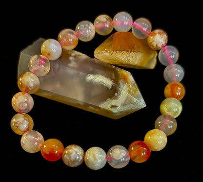 🌸 Pink Flower Agate (Cherry Agate) Bracelet – 8mm Beads, Small to Medium Wrists