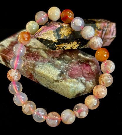 🌸 Pink Flower Agate (Cherry Agate) Bracelet – 8mm Beads, Small to Medium Wrists