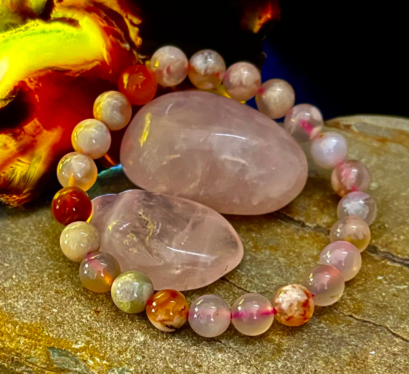 Pink Flower Agate (Cherry Agate) Bracelet – 8mm Beads, Small to Medium Wrists