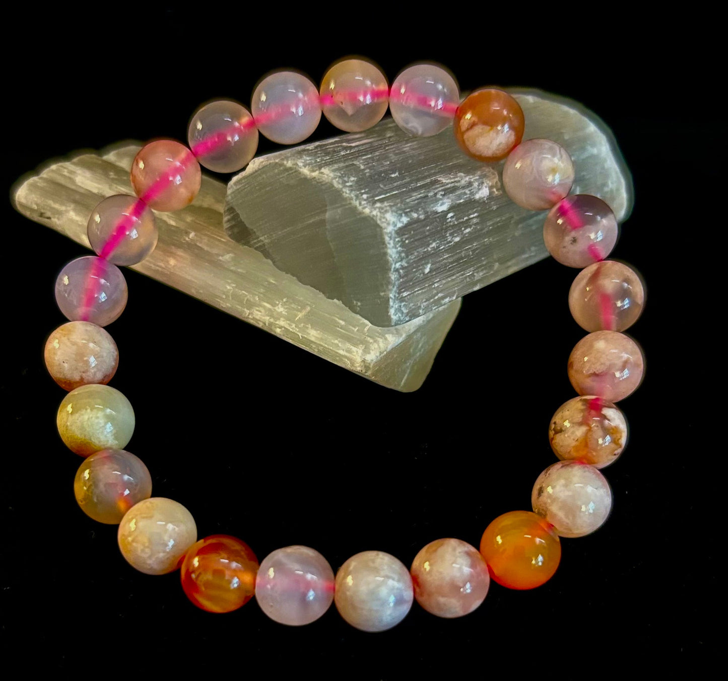 🌸 Pink Flower Agate (Cherry Agate) Bracelet – 8mm Beads, Small to Medium Wrists