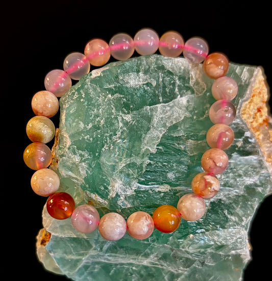 🌸 Pink Flower Agate (Cherry Agate) Bracelet – 8mm Beads, Small to Medium Wrists
