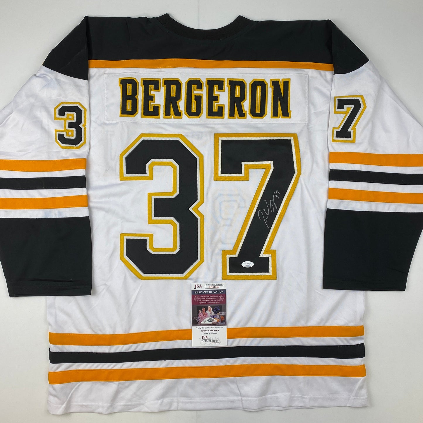 Autographed/Signed Patrice Bergeron Boston White Hockey Jersey JSA COA