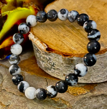 ⚫⚪ Zebra Stone Bracelet – 8mm Beads, Medium Wrists