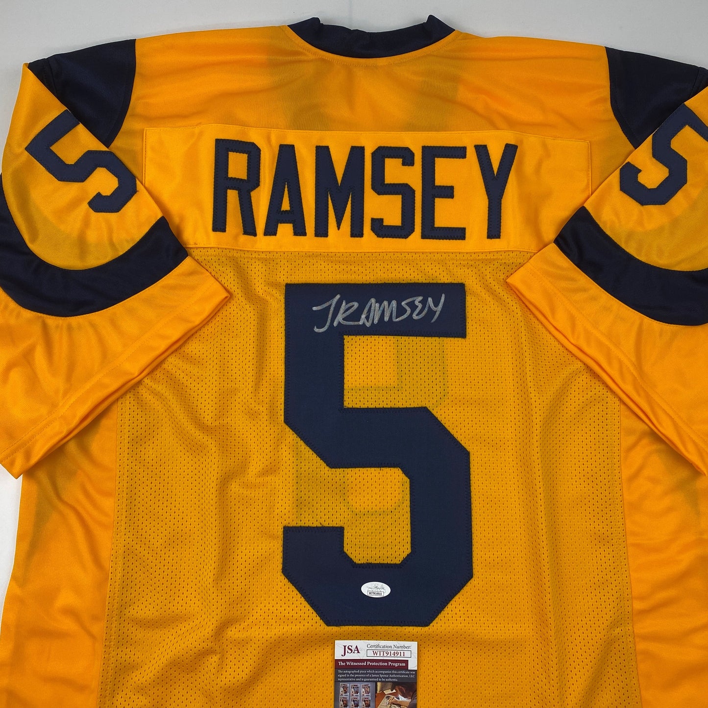 Autographed/Signed Jalen Ramsey Los Angeles LA Yellow Color Rush Football Jersey JSA COA