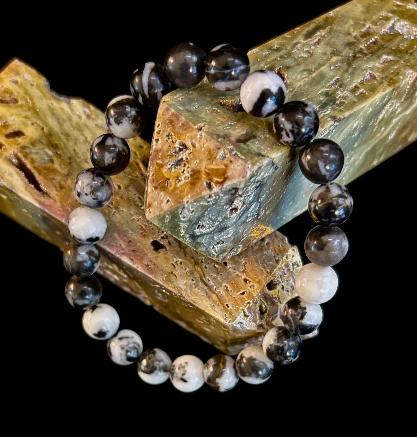 ⚫⚪ Zebra Stone Bracelet – 8mm Beads, Medium Wrists