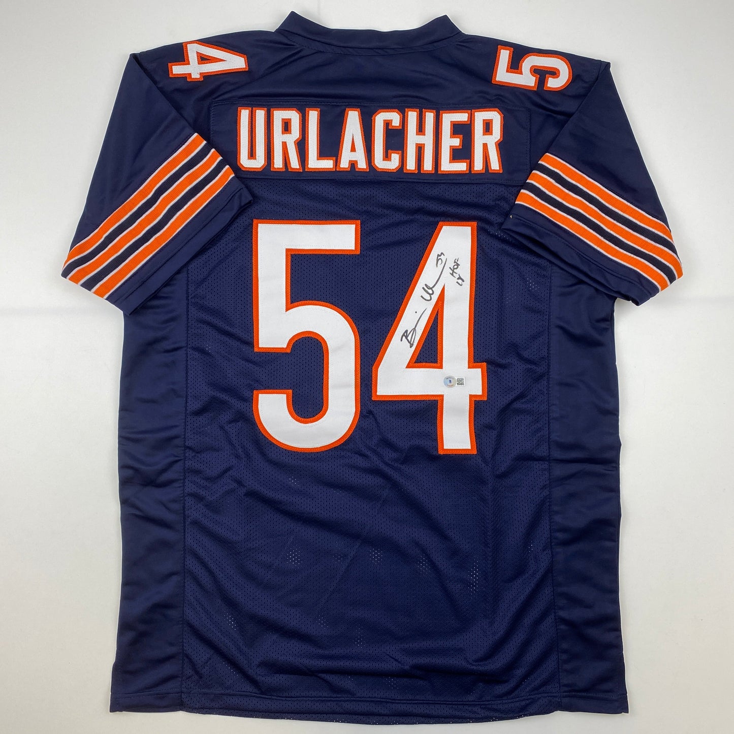 Autographed/Signed Brian Urlacher HOF 18 Chicago Blue Football Jersey Beckett BAS COA
