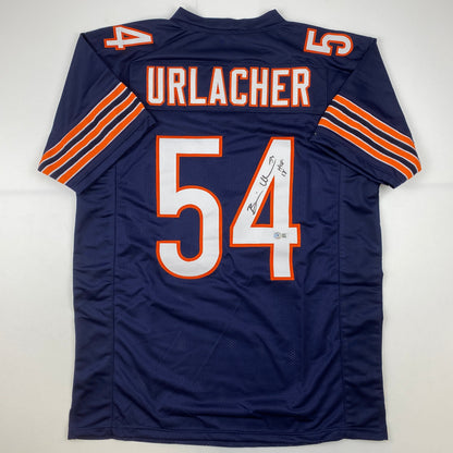 Autographed/Signed Brian Urlacher HOF 18 Chicago Blue Football Jersey Beckett BAS COA