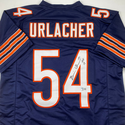 Autographed/Signed Brian Urlacher HOF 18 Chicago Blue Football Jersey Beckett BAS COA