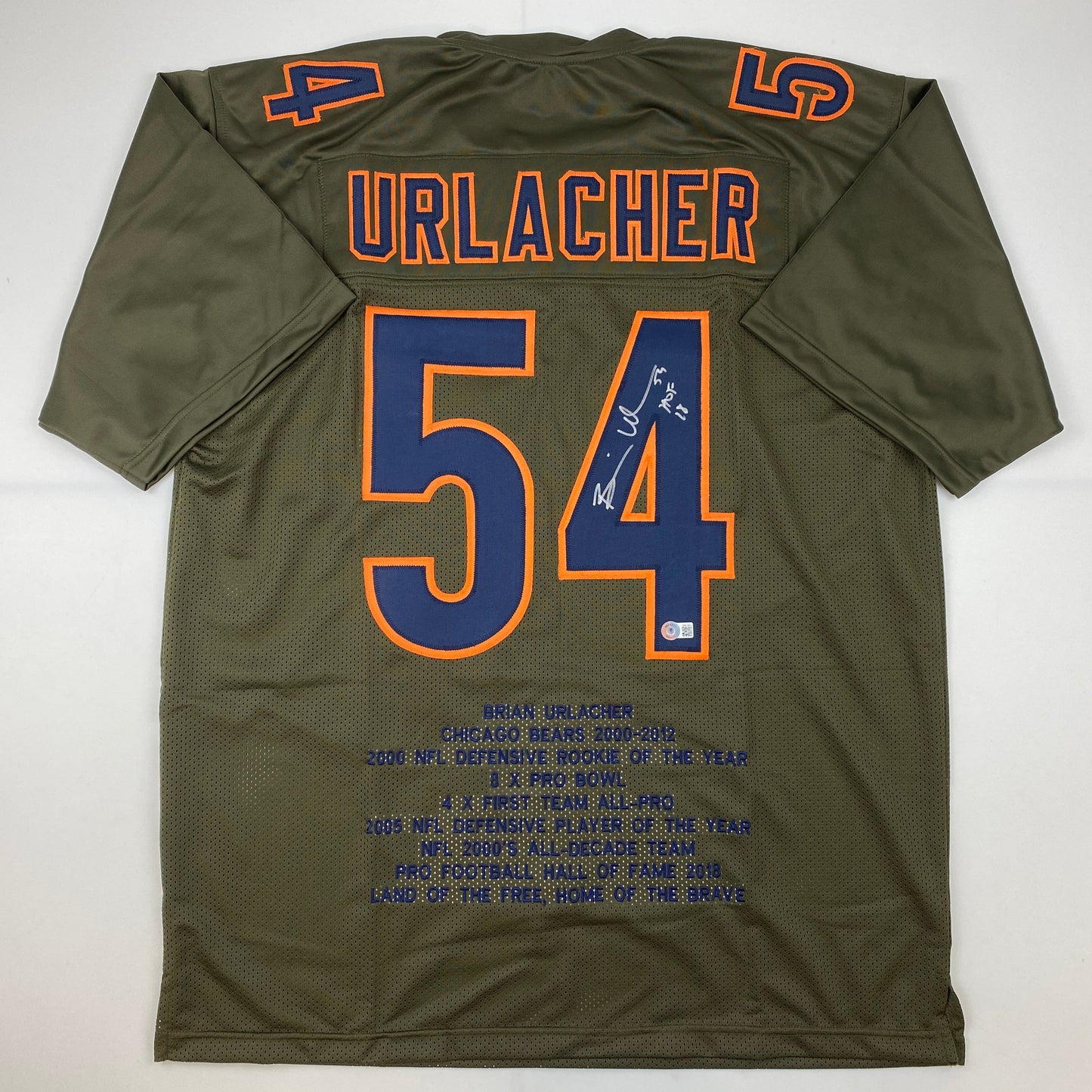 Autographed/Signed Brian Urlacher HOF 18 Chicago Green Salute To Service Stat Football Jersey Beckett BAS COA