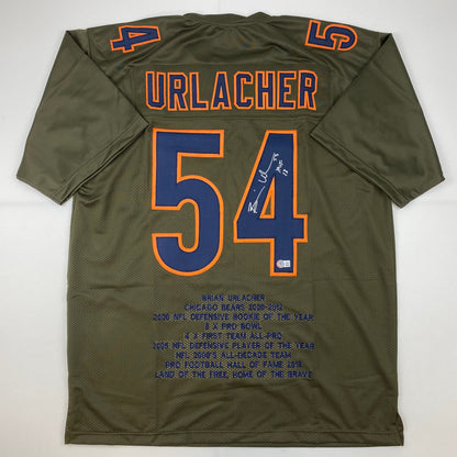 Autographed/Signed Brian Urlacher HOF 18 Chicago Green Salute To Service Stat Football Jersey Beckett BAS COA
