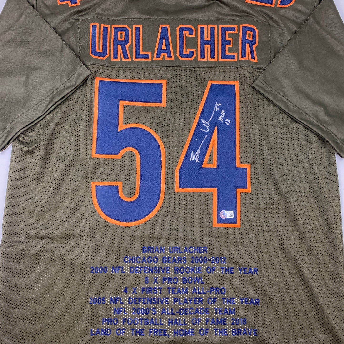 Autographed/Signed Brian Urlacher HOF 18 Chicago Green Salute To Service Stat Football Jersey Beckett BAS COA