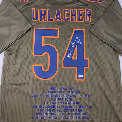 Autographed/Signed Brian Urlacher HOF 18 Chicago Green Salute To Service Stat Football Jersey Beckett BAS COA
