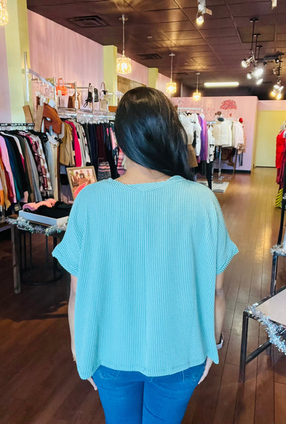 Textured line short twisted sleeve Light Jade top