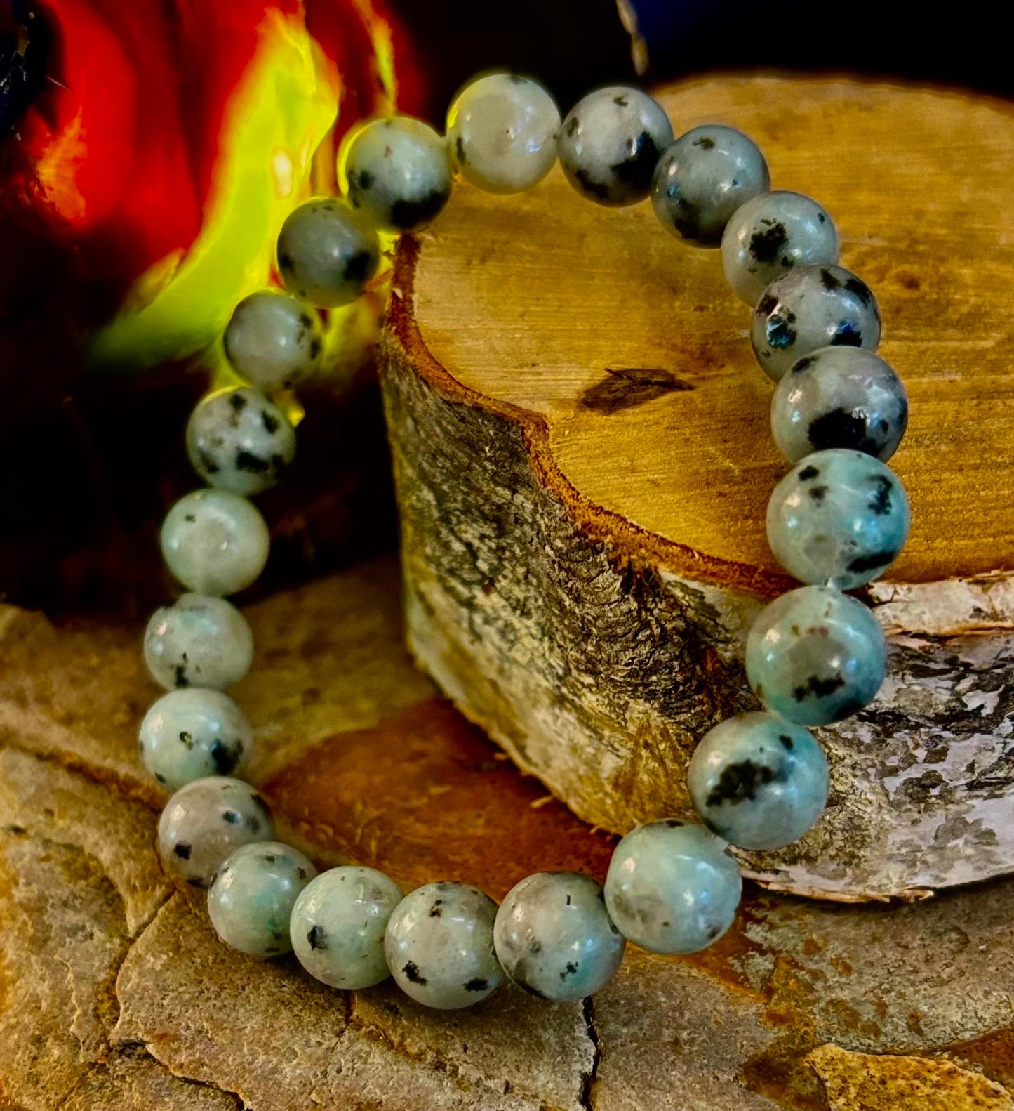 🟢 Sesame Kiwi Jasper Bracelet – 8mm Beads, Medium Wrists