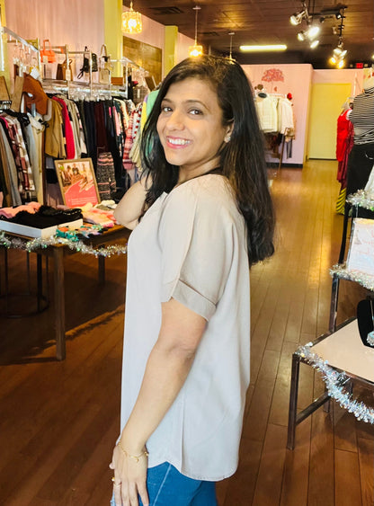 Woven Rolled Sleeve Crew Neck Ash Mocha Blouse