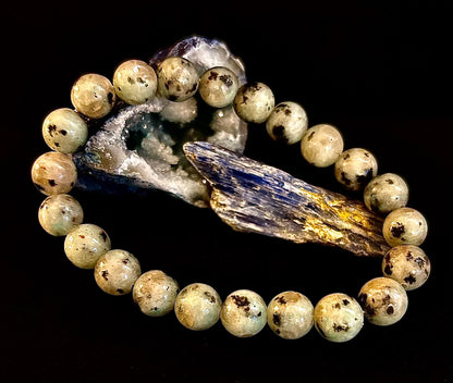 🟢 Sesame Kiwi Jasper Bracelet – 8mm Beads, Medium Wrists