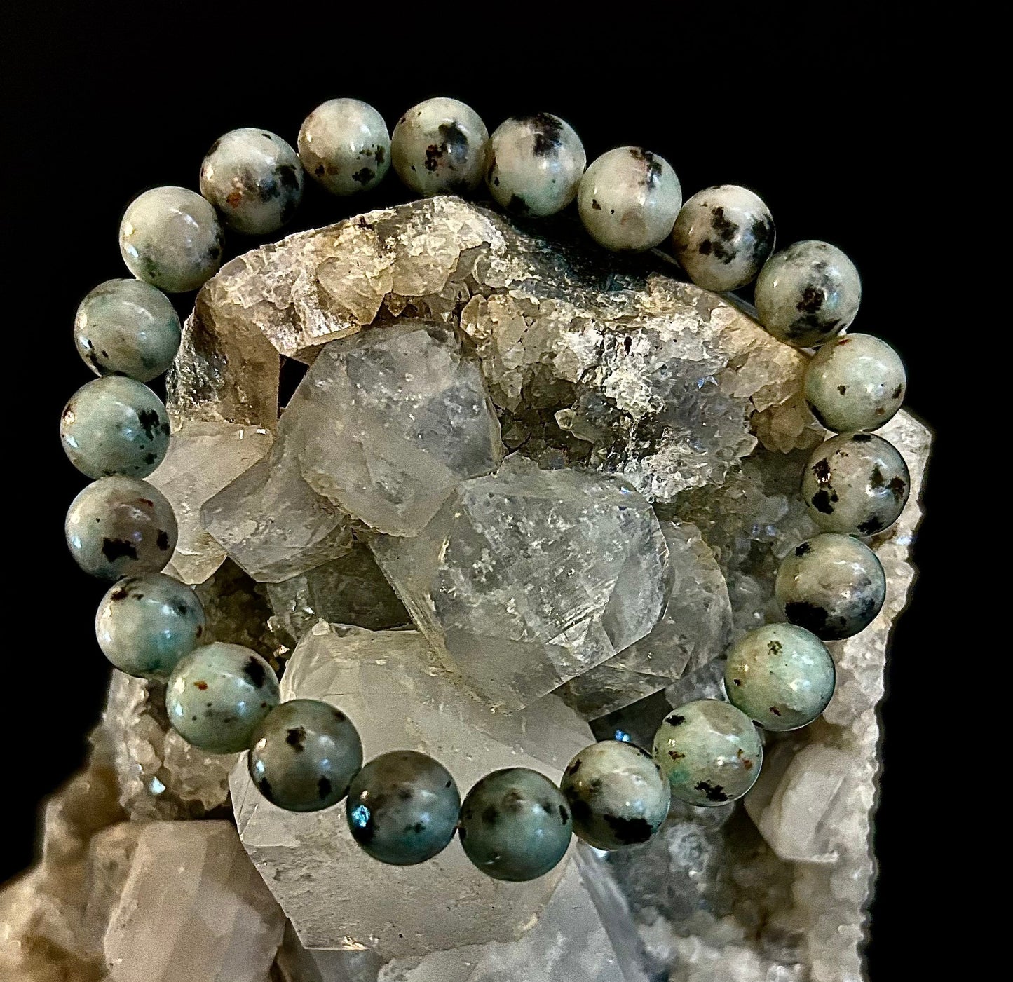 🟢 Sesame Kiwi Jasper Bracelet – 8mm Beads, Medium Wrists