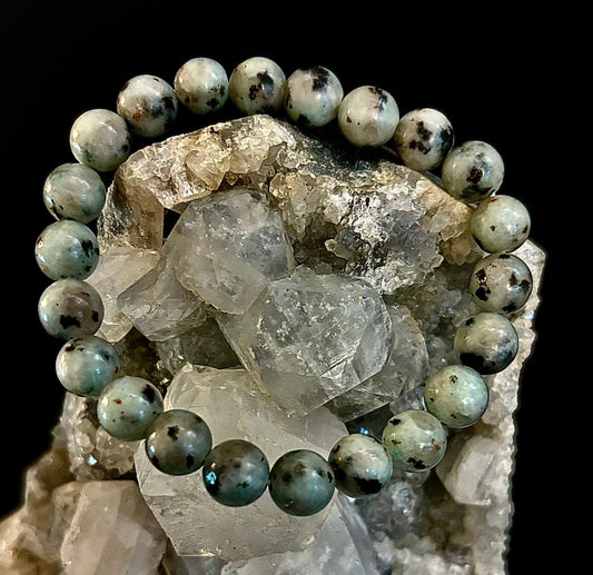 🟢 Sesame Kiwi Jasper Bracelet – 8mm Beads, Medium Wrists