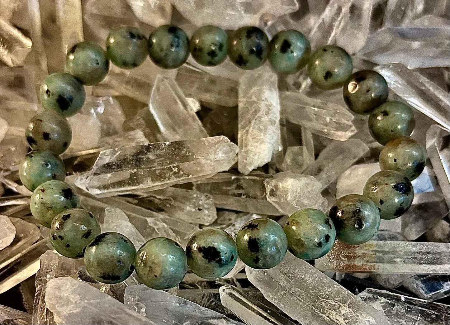 🟢 Sesame Kiwi Jasper Bracelet – 8mm Beads, Medium Wrists