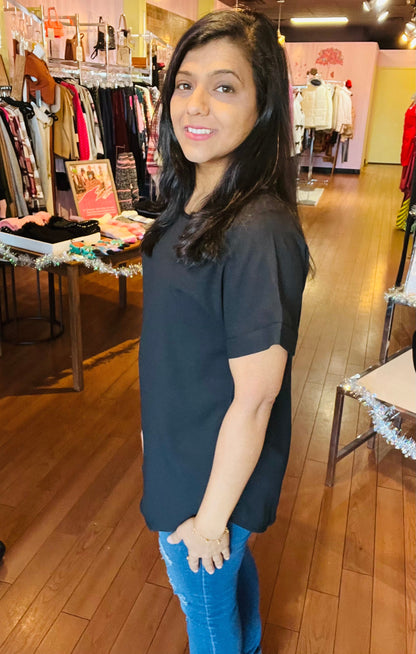 Woven Rolled Sleeve Crew Neck Black Blouse