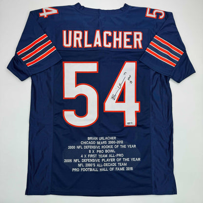 Autographed/Signed Brian Urlacher HOF 18 Chicago Blue Stat Football Jersey Beckett BAS COA