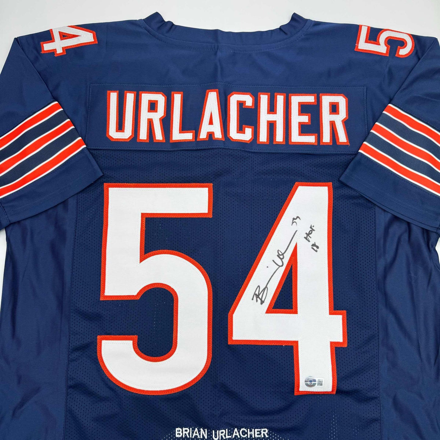Autographed/Signed Brian Urlacher HOF 18 Chicago Blue Stat Football Jersey Beckett BAS COA