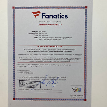 Autographed/Signed Tom Brady New England Patriots Red Authentic Nike Limited Football Jersey Fanatics COA/LOA