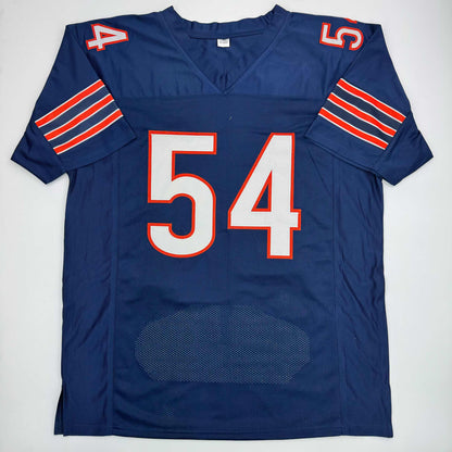 Autographed/Signed Brian Urlacher HOF 18 Chicago Blue Stat Football Jersey Beckett BAS COA