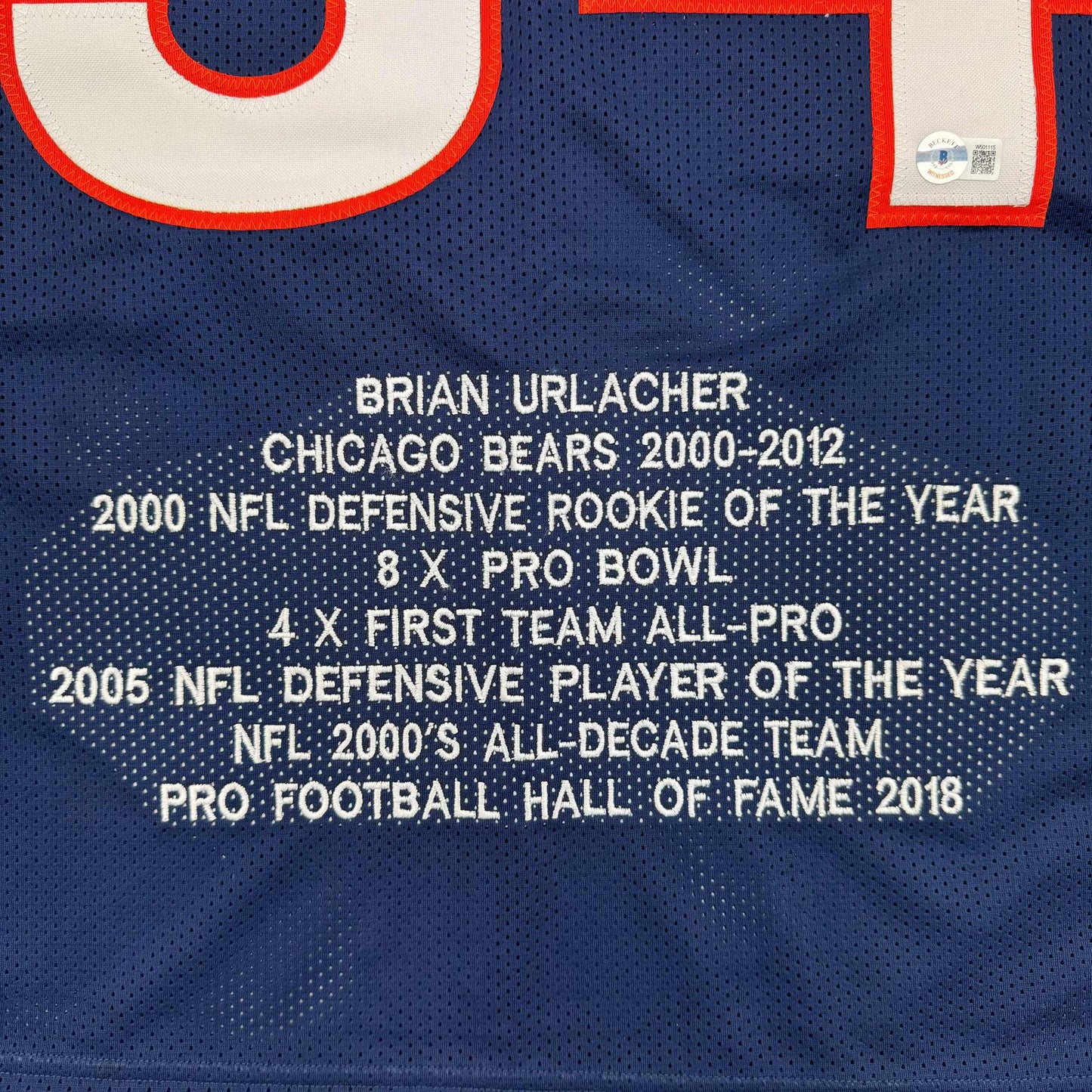 Autographed/Signed Brian Urlacher HOF 18 Chicago Blue Stat Football Jersey Beckett BAS COA