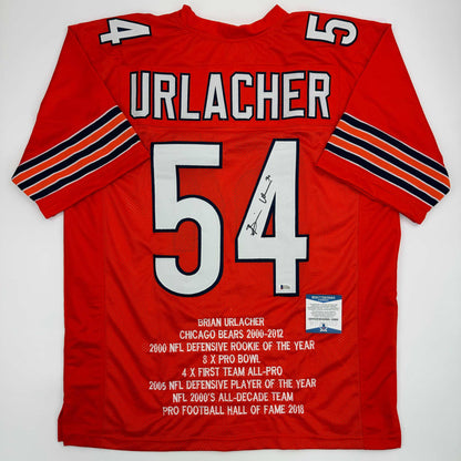 Autographed/Signed Brian Urlacher HOF 18 Chicago Orange Stat Football Jersey Beckett BAS COA