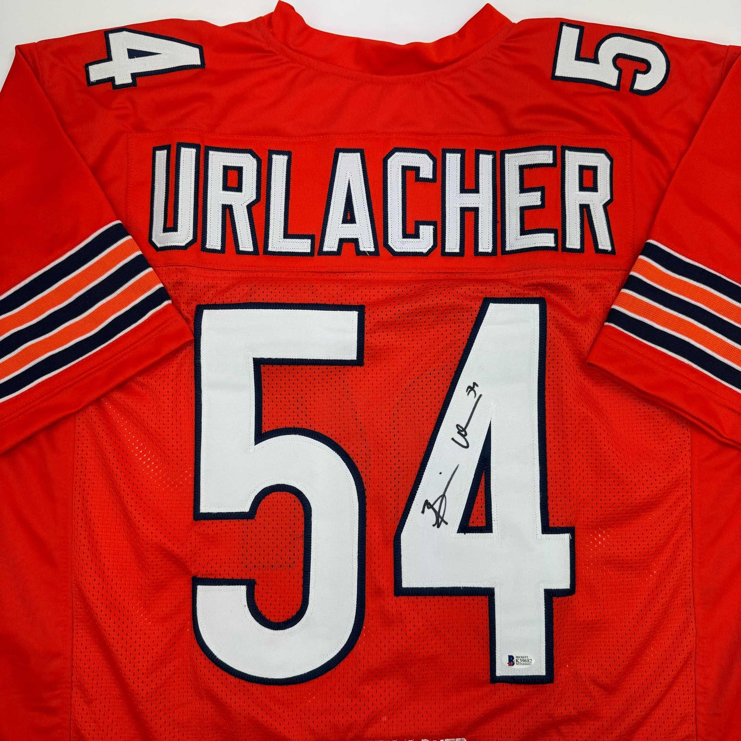 Autographed/Signed Brian Urlacher HOF 18 Chicago Orange Stat Football Jersey Beckett BAS COA
