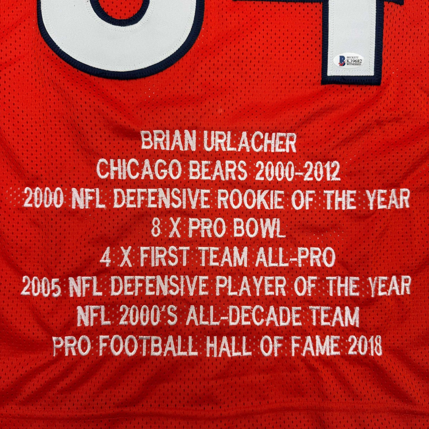 Autographed/Signed Brian Urlacher HOF 18 Chicago Orange Stat Football Jersey Beckett BAS COA