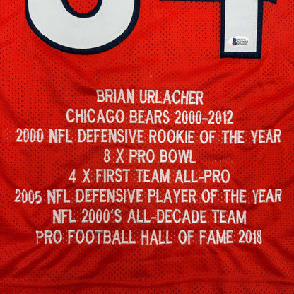 Autographed/Signed Brian Urlacher HOF 18 Chicago Orange Stat Football Jersey Beckett BAS COA
