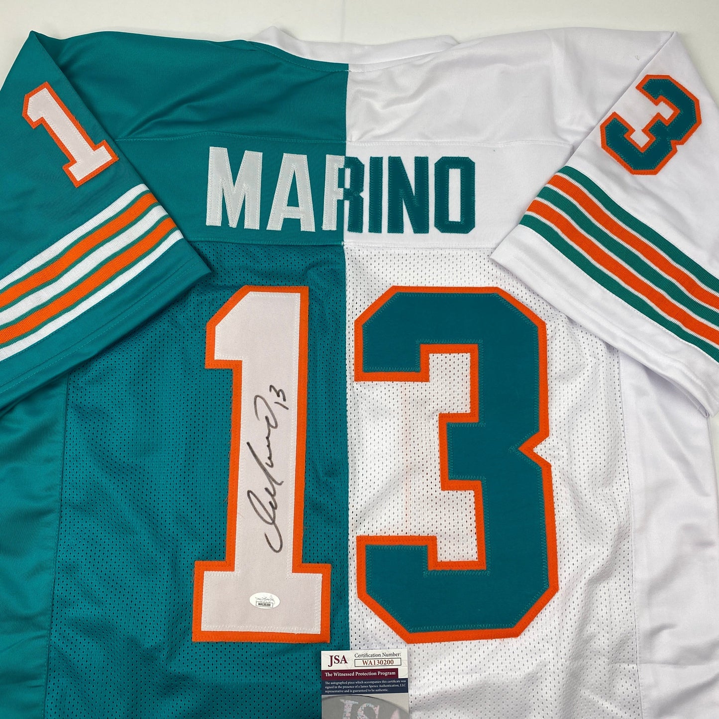 Autographed/Signed Dan Marino Miami Split Teal/White Football Jersey JSA COA