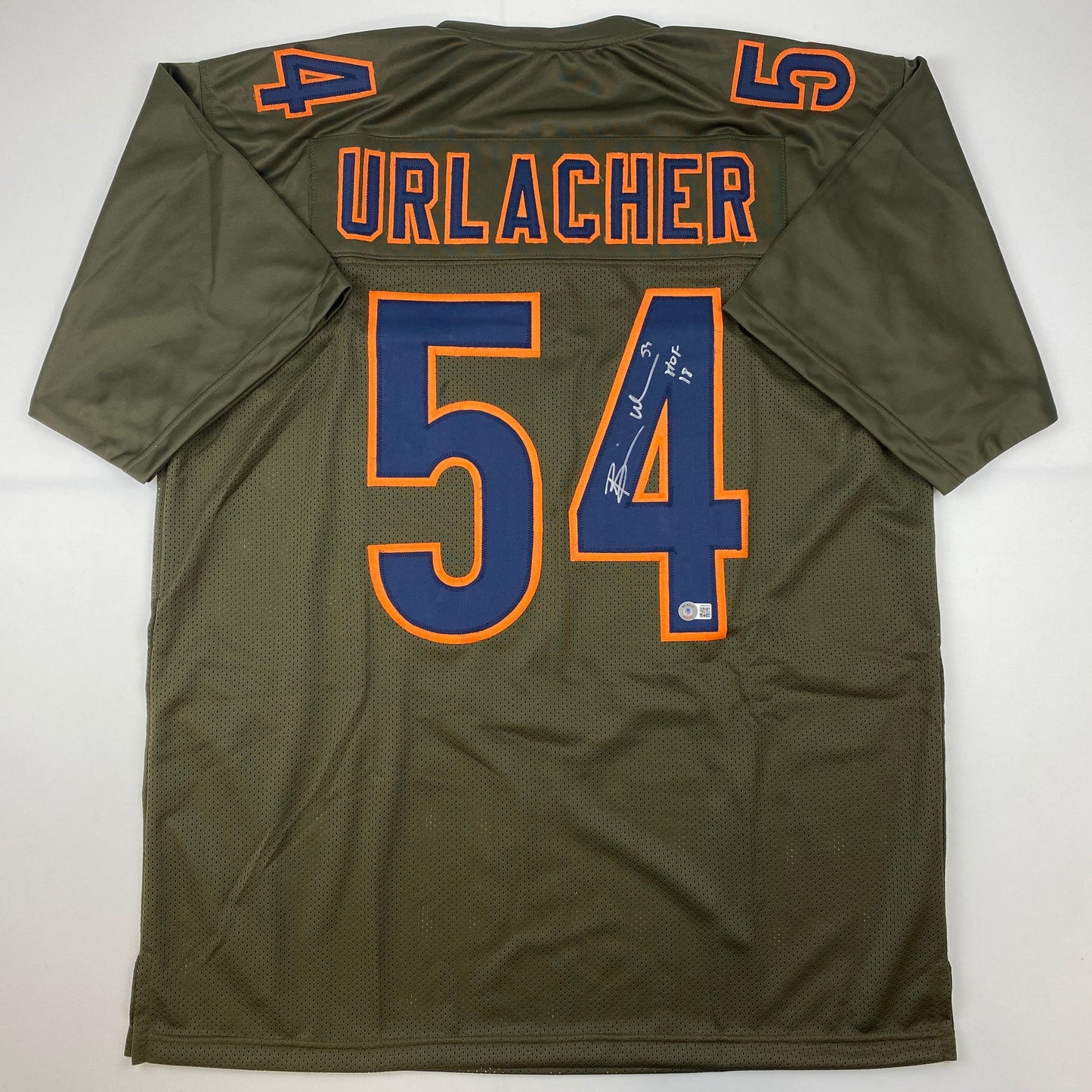 Autographed/Signed Brian Urlacher HOF 18 Chicago Green Salute To Service Football Jersey Beckett BAS COA
