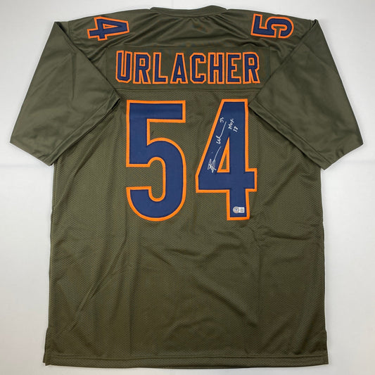 Autographed/Signed Brian Urlacher HOF 18 Chicago Green Salute To Service Football Jersey Beckett BAS COA