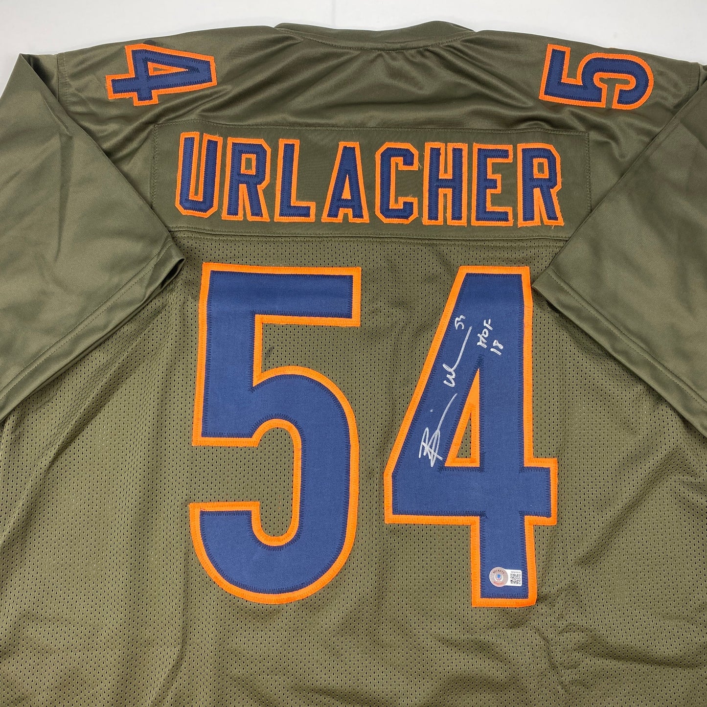 Autographed/Signed Brian Urlacher HOF 18 Chicago Green Salute To Service Football Jersey Beckett BAS COA