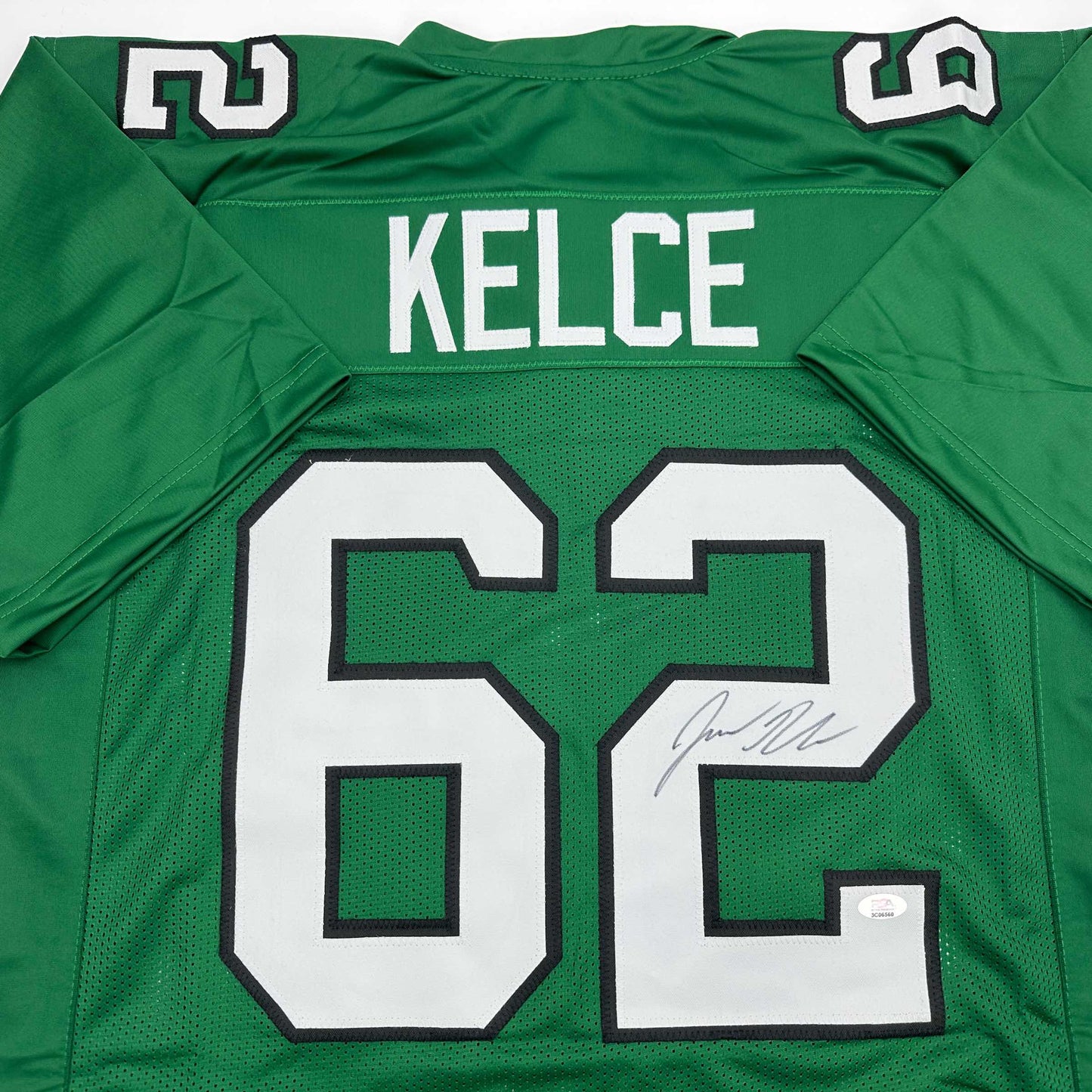 Autographed/Signed Jason Kelce Philadelphia Kelly Green Football Jersey PSA/DNA COA
