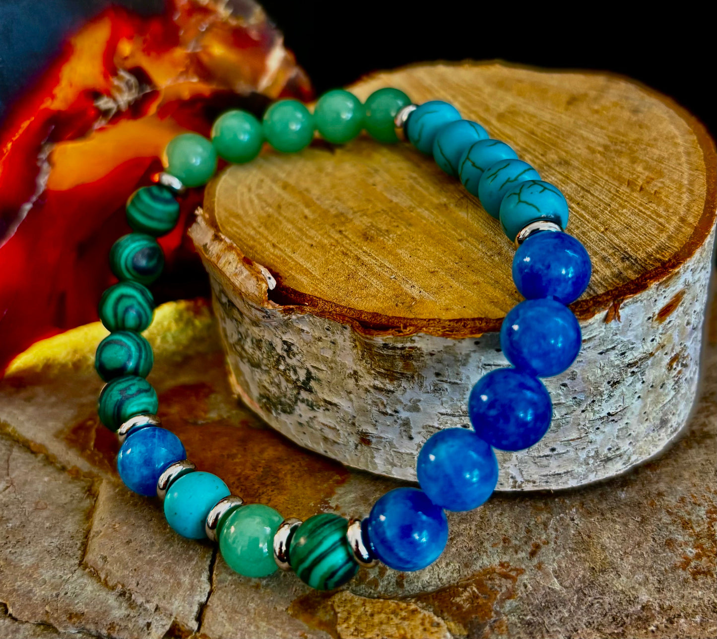Anxiety Relief Healing Bracelet – Fits Large Wrists (Malachite, Green Aventurine, Turquoise, and Aquamarine)