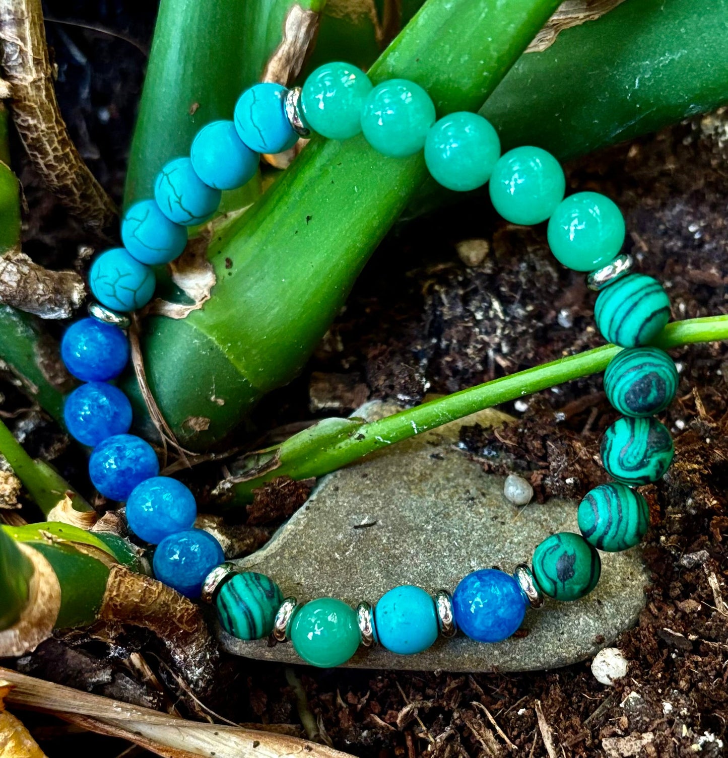 Anxiety Relief Healing Bracelet – Fits Large Wrists (Malachite, Green Aventurine, Turquoise, and Aquamarine)