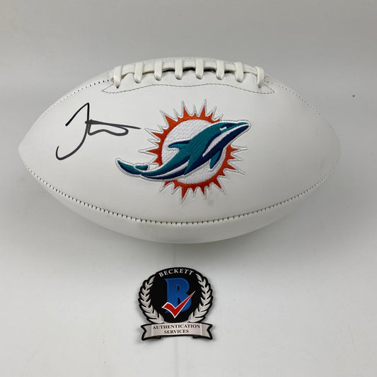 Autographed/Signed Tyreek Hill Miami Dolphins Full Size F/S White Panel Logo Football Beckett BAS COA