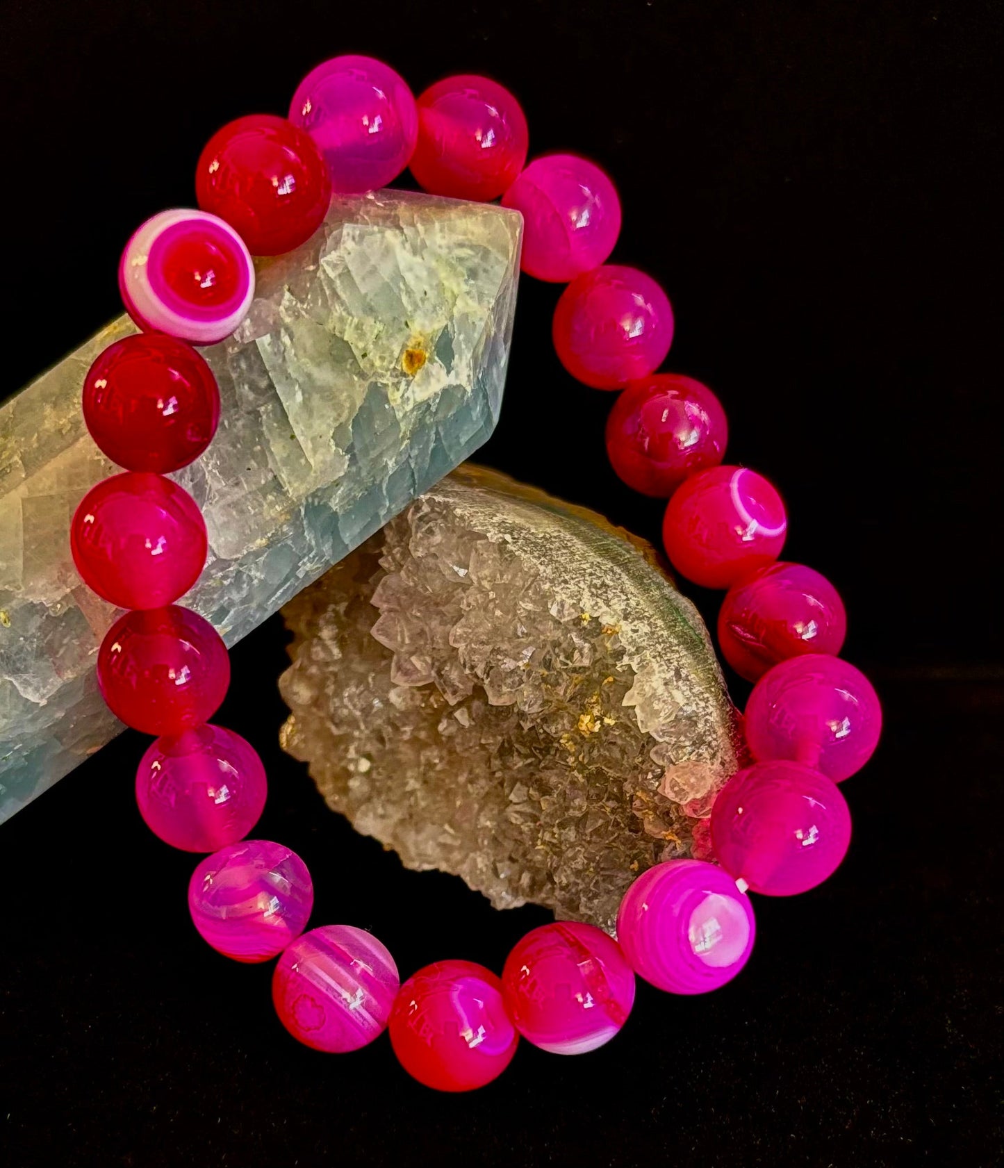 ❤️ Rose Red Striped Agate Beaded Bracelet – 10mm Natural Stone for Large Wrists