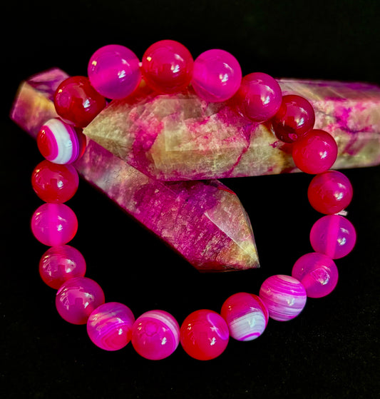 ❤️ Rose Red Striped Agate Beaded Bracelet – 10mm Natural Stone for Large Wrists