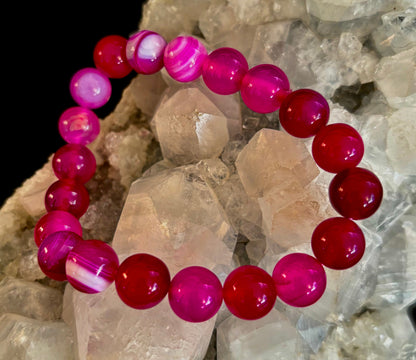 ❤️ Rose Red Striped Agate Beaded Bracelet – 10mm Natural Stone for Large Wrists