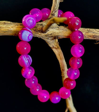 ❤️ Rose Red Striped Agate Beaded Bracelet – 10mm Natural Stone for Large Wrists