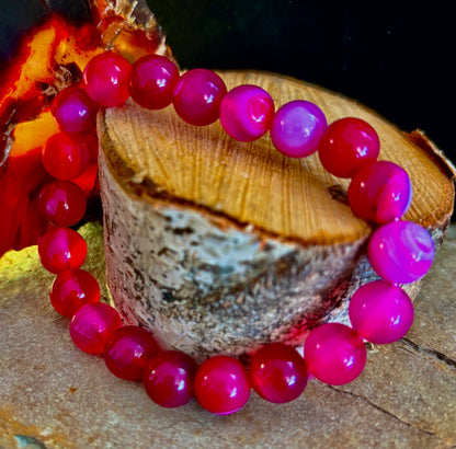 ❤️ Rose Red Striped Agate Beaded Bracelet – 10mm Natural Stone for Large Wrists