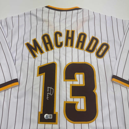 Autographed/Signed Manny Machado San Diego Pinstripe Baseball Jersey Beckett BAS COA